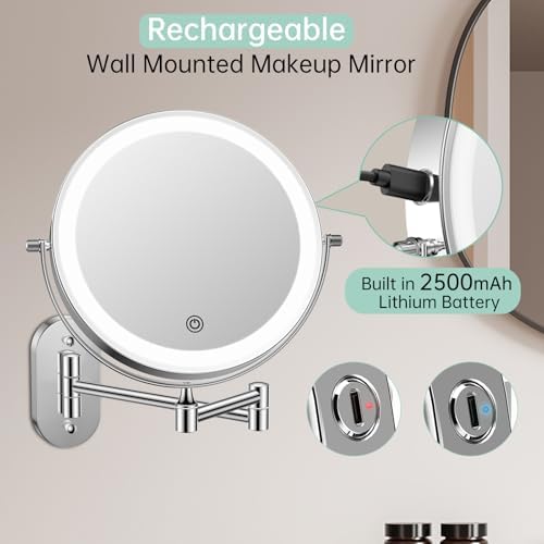 FUNTOUCH 2500mAh Rechargeable Wall Mounted Lighted Makeup Mirror 1X/20X - Image 3