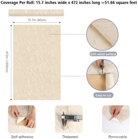 Cream Beige Velvet Wallpaper Peel and Stick 15.7"x472" Self Adhesive Stripped - Image 2