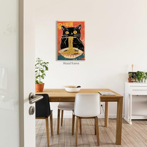 Framed Canvas Wall Art Posters Vintage Funny Black Cat Eating Ramen Unique - Image 5