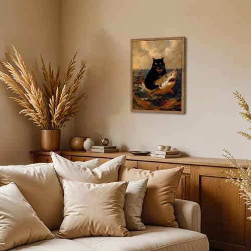 Funny Black Cat Riding Shark Wall Art Whimsical Bar Cart Wall Decor Picture - Image 6