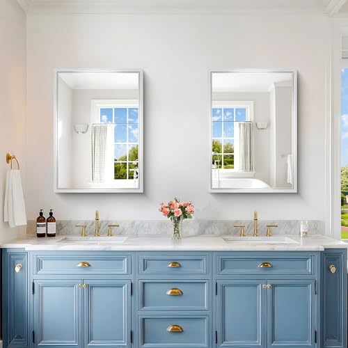 22 x 30 inch Brushed Silver Bathroom Mirror, Metal Framed Rectangle Mirror - Image 3