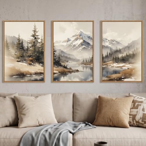 Boho Misty Mountain Watercolor Framed Canvas Wall Art Set-16"x24"x3 by Ausril