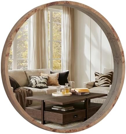 WallBeyond 28 Inch Round Wood Mirror, Burlwood Grain Wood Frame Circle Mirror by WallBeyond