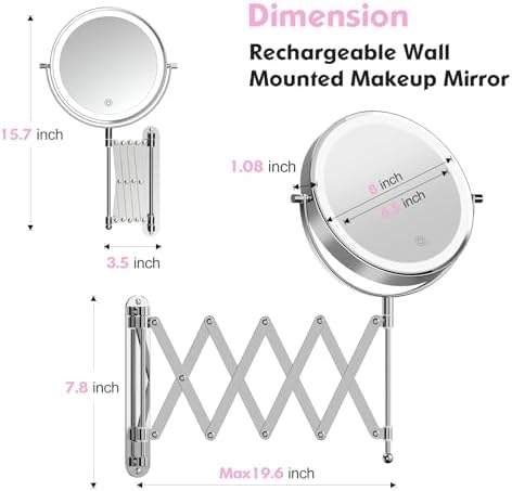 8" Rechargeable Wall Mounted Makeup Mirror Double Sided Magnifying - Image 3