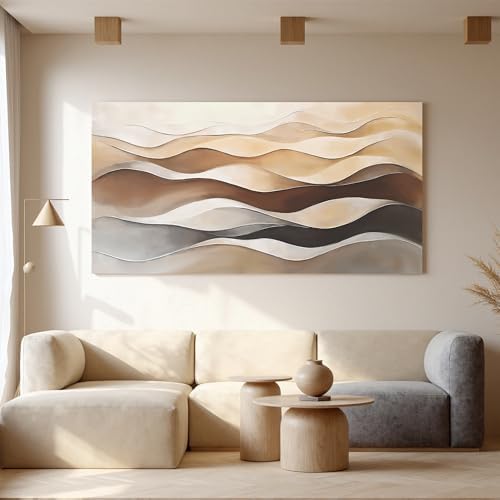 Large Brown White Wavy Stripes Abstract Wall Art - Image 4