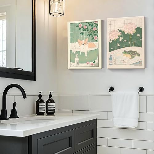 Framed Japanese Bathroom Wall Art Set of 2, Funny Japanese Bathroom Frog Dog - Image 7