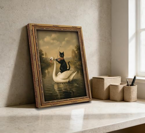 Vintage Gold Framed Black Cat Wall Art, Dark Academia Swan Painting Canvas Print - Image 6