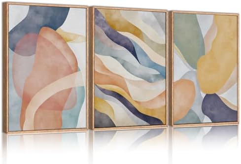 LHIUEM Large Abstract Neutral Framed Canvas Wall Art Set, Colorful Watercolor by LHIUEM