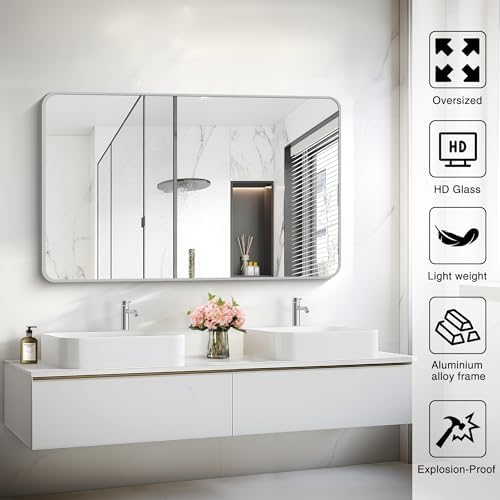 48x30 Inch Silver Bathroom Mirror, Metal Framed Silver Rectangle Mirrors - Image 5