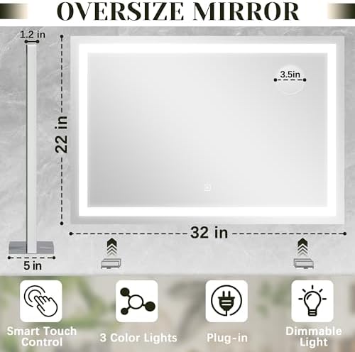 ROLOVE 32x22 Lighted Vanity Mirror, Wall-Mounted, Detachable 10X Magnifier - Image 2