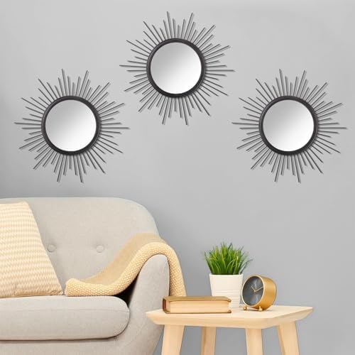 3 Pack Black Metal Wall Mirrors Sunburst Wall Mirrors Home Décor Art Decorative - Image 3