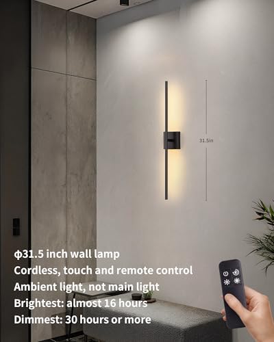 KDG Black 31.5" Cordless Wall Sconces Set of 2, Wireless LED Wall Lamps - Image 2