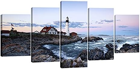 Wieco Art Portland Lighthouse 5 Panels Modern Canvas Prints Artwork Seascape by WiecoArt
