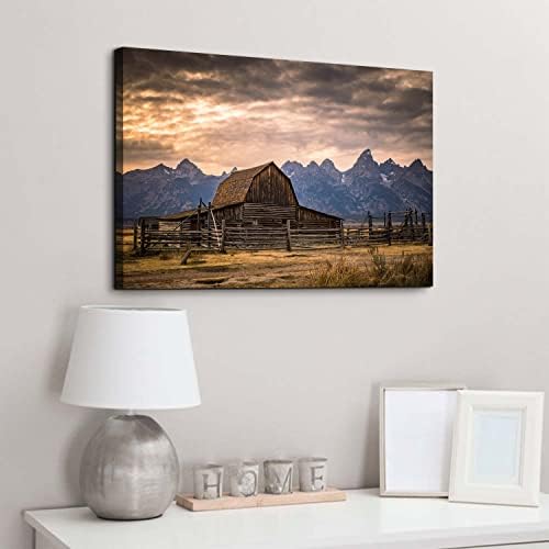 Grand Teton National Park Canvas Wall Art Sunset Moulton Barn Landscape Wall - Image 3