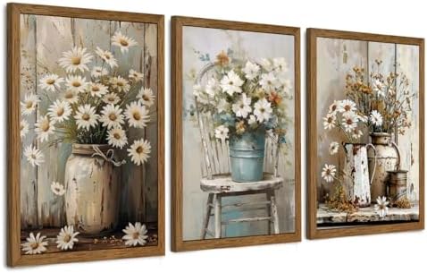 DUWQU Triptych Rustic Farmhouse Daisy Framed Canvas Wall Art 16x24 inch x3 by DUWQUCanvasWallArt