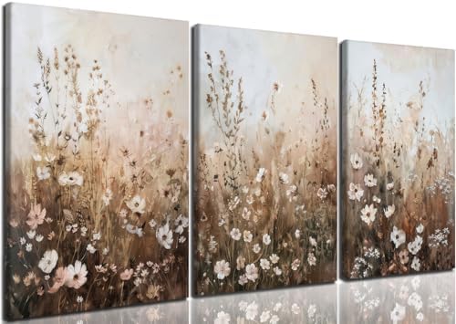 Neutral Wildflower Canvas Wall Art, 3 Piece Gallery Wrapped Set by Unknown