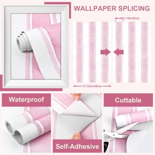 17.3" x 1200" Watercolor Pink Striped Peel and Stick Wallpaper - Image 2