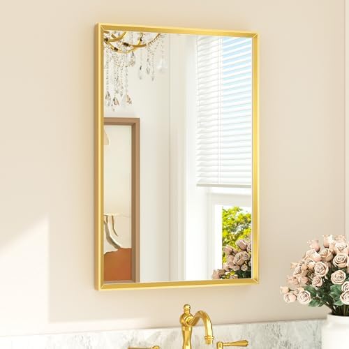 TETOTE Gold Bathroom Mirror 20" x 30" Brushed Brass Rectangle Beveled Framed by TETOTE