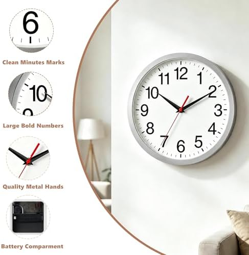 Rohioue Wall Clock Analog 14 Inch Silver Battery Operated Silent Clock - Image 5