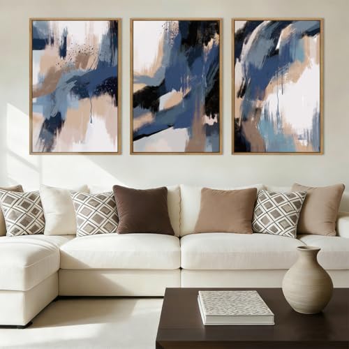 Extra Large Blue Neutral Wall Art Decor Modern Abstract Wall Painting Framed by BINCUE