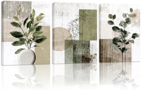 Boho Abstract Eucalyptus leaves Canvas Wrapped Wall Art Set of 3 16x12in by Unknown