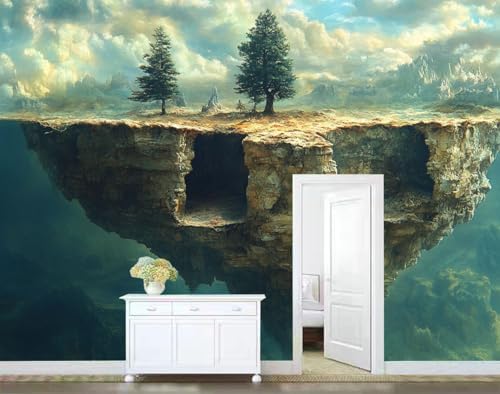 Earth Toned Feature Wall Mural Wallpaper Floating Rock Island Trees Surreal - Image 4