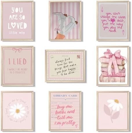 XYHYRA Pink Wall Art Painting Set of 9, Romantic Bow Books Daisy Poster by Unknown