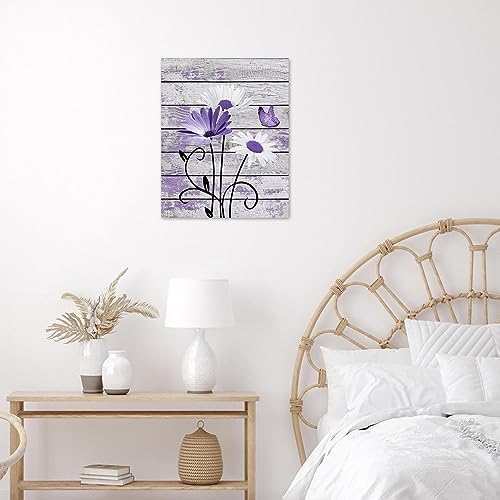 HVEST Vintage Floral Canvas Wall Art Purple and White Daisy Butterfly on - Image 4