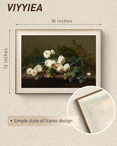 VIYYIEA Vintage Framed White Rose Canvas Botanical Wall Art, 16×12 Inch - Image 2