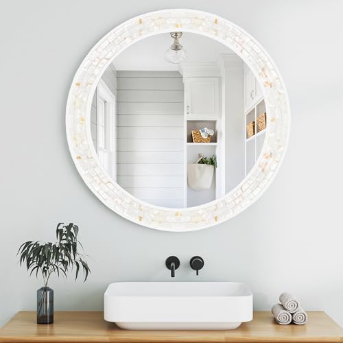 26 Inch Round Wall Mirror with Natural Shell Inlay Mosaic Frame - Image 2