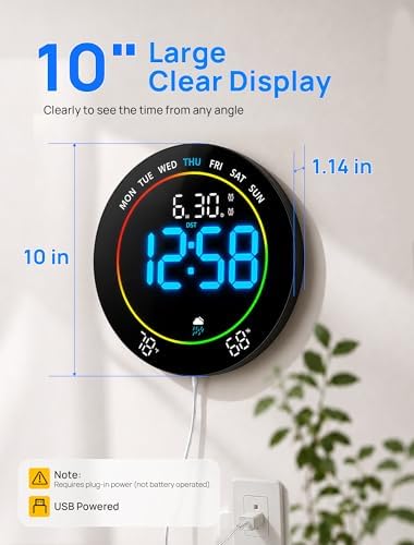 MASHI 10" Easy-Read Large Digital Wall Clock, 11-Color Night Light - Image 2