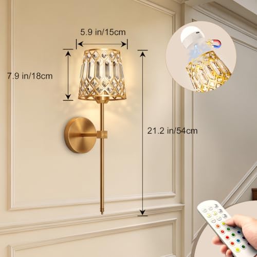 Gold Battery Operated Wall Sconces Set of 2, Crystal Rechargeable Wireless Wall - Image 2