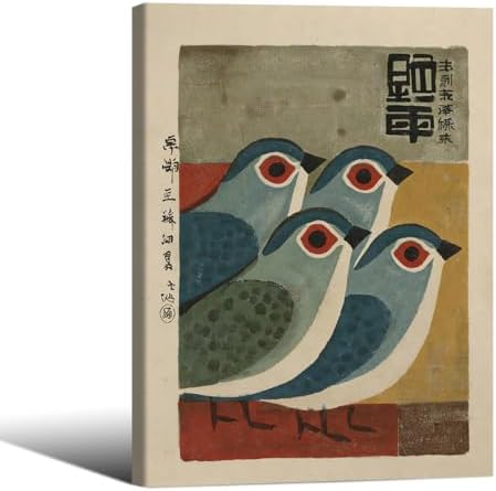 Mid Century Japanese Bird Wall Art Retro Blue Bird Canvas Poster 12x16 inch by Unknown