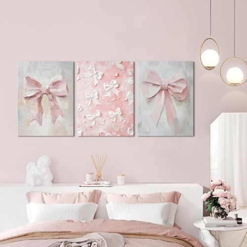 Pink Bow Canvas Wall Art Set of 3 Coquette Oil Painting Cute Bow Posters Wall - Image 5
