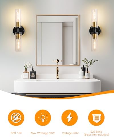 KSRYSZCQ Wall Sconces Set of Two Black and Gold Bathroom Wall Sconce - Image 4