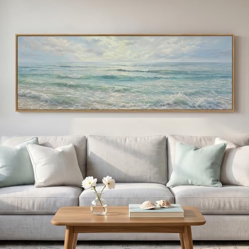 Framed Long Narrow Blue Coastal Landscape Horizontal Wall Art, 60x20 Inch by MXART