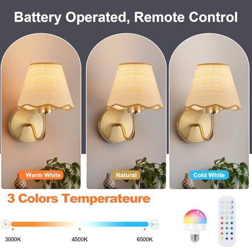 ADISUN Battery Operated Wall Sconce Set of 2, Rattan Shade Wireless Wall Lights - Image 3