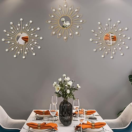 Uaussi 3 Pack Crystal Sunburst Wall Mirror Décor Rhinestone Mirrors Decorative - Image 3