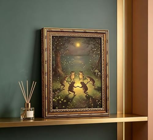 Vintage Gold Framed Frog Wall Art, Frogs Dancing in Moonlight Forest Painting - Image 5