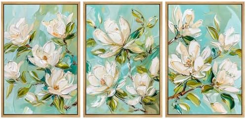 MUDECOR Framed Canvas Print Wall Art Abstract Magnolia Flower Teal Green by MUDECOR