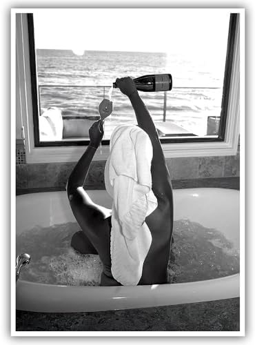 Trendy Black and White Posters Funny Woman Drinking Wine in Bathtub Wall Art by Acqooeakt