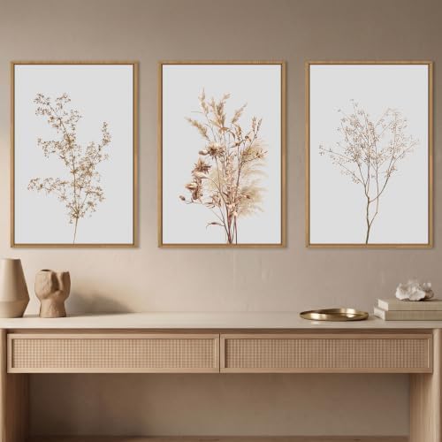 Large Boho Beige Floral Framed Canvas Wall Art Set -24"x36"x3 - Image 2