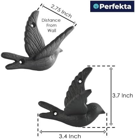 Perfekta Cast Iron Bird Wall Hooks, Hats and Bags, Heavy Duty Decorative Flying - Image 3