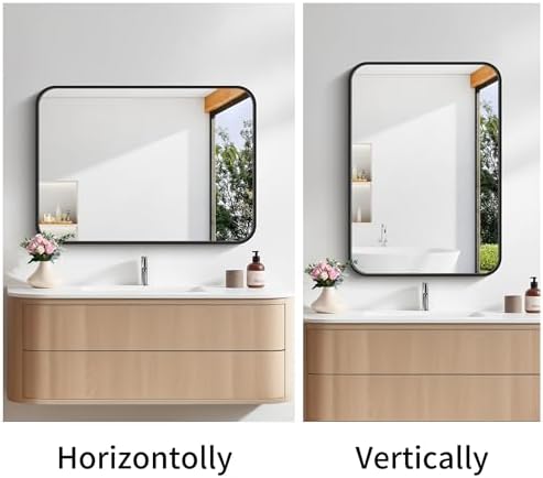 Bathroom Mirror, 18 x 24 inch Metal Framed Black Rectangle Mirror, Rounded - Image 4
