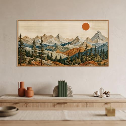 Boho Mountain Woodcut Framed Canvas Wall Art 20"X40" - Image 2