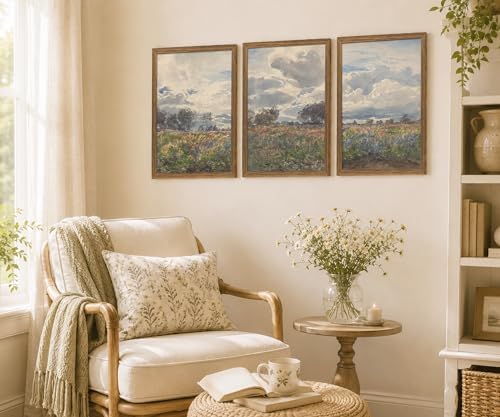 Vintage Framed Farmhouse Wildflower Meadow Landscape Wall Art Set of 3 - Image 2