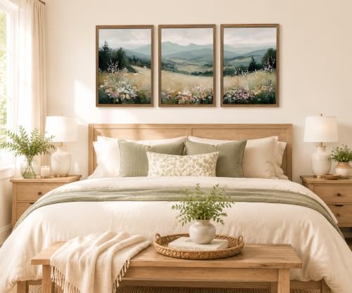 Minimalist Mountain Triptych Wall Art Set of 3, Foggy Wildflower Canvas - Image 3