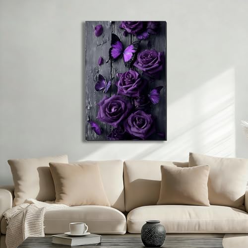 ZERILYN Ship Next Day Purple Rose Wall Art Canvas Prints Butterfly Canvas Art - Image 2