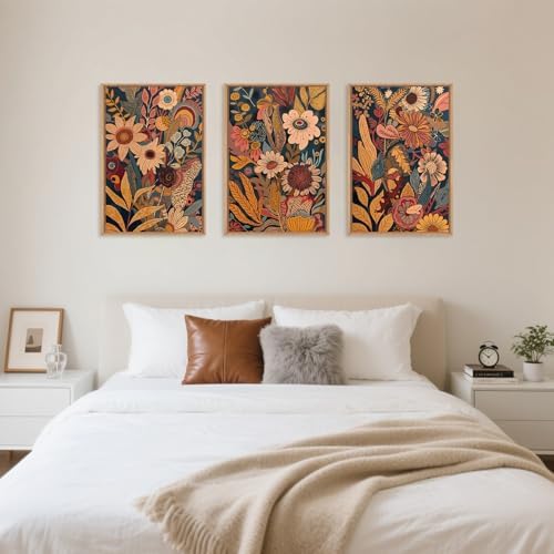 HOURIA Large Mid Century Orange Flower Framed Canvas Wall Art Set-16"x24"x3 - Image 5