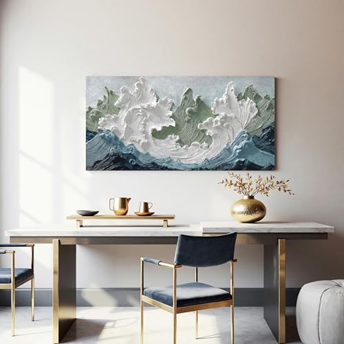 YISXINOAG White Green Ocean Wall Art Minimalist Coastal Painting 20"X40" - Image 2